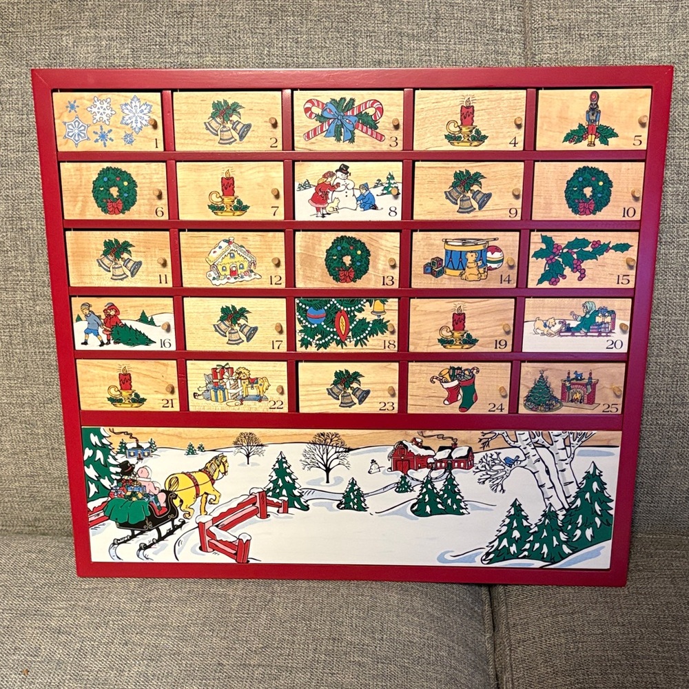 Vintage Wood L.L. Bean ? Red "Advent Calendar" 1980s 15" x 17" EXCELLENT